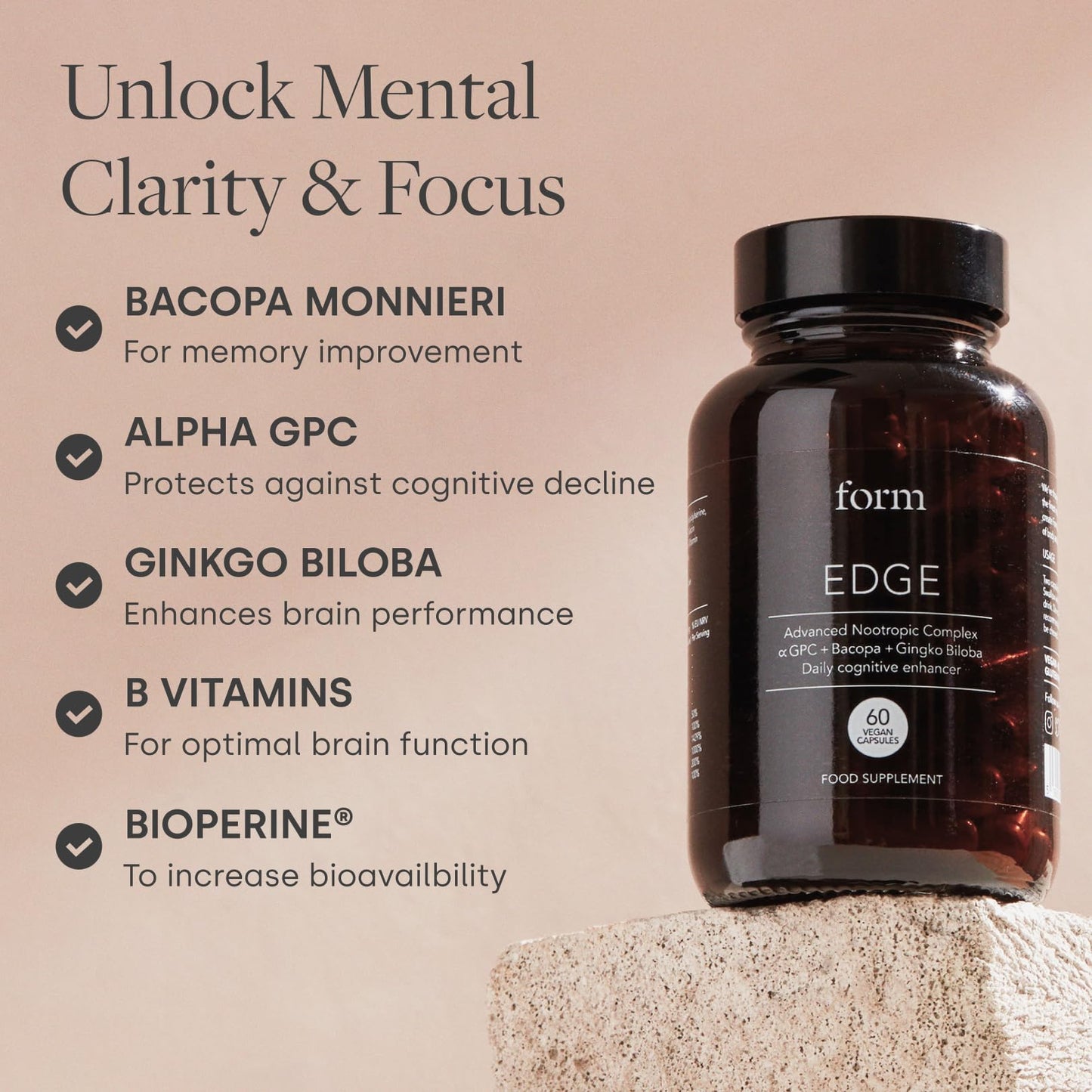 Form Edge - Natural Nootropic for Focus | Cognitive Supplement with Alpha GPC, Bacopa Monnieri, Ginkgo Biloba & B Vitamins | Supports Memory, Calmness & Mental Performance