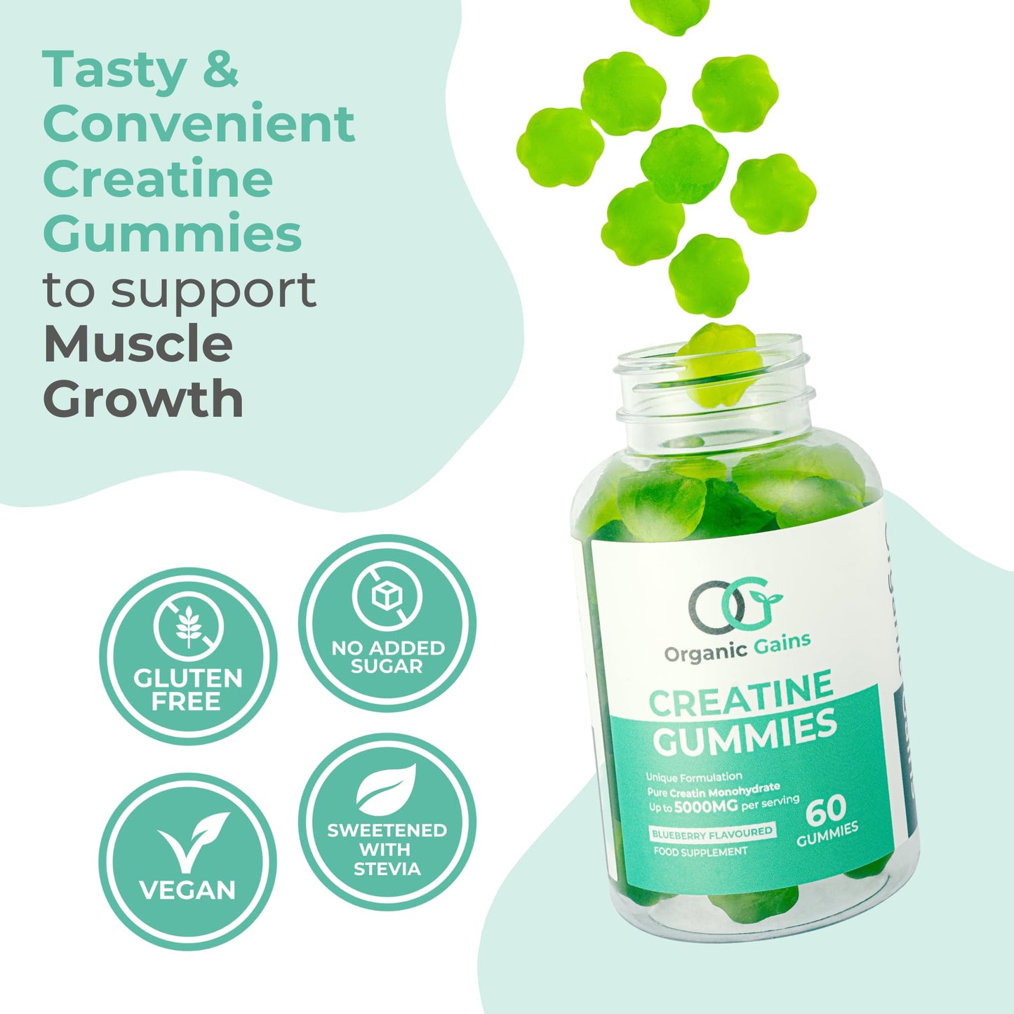 Organic Gains OG Creatine Monohydrate Gummies 5000mg for Men & Women - 60 Chewable Creatine Gummies - Natural Blueberry Flavoured, Pre Workout Gym Supplement, Suitable for Vegans