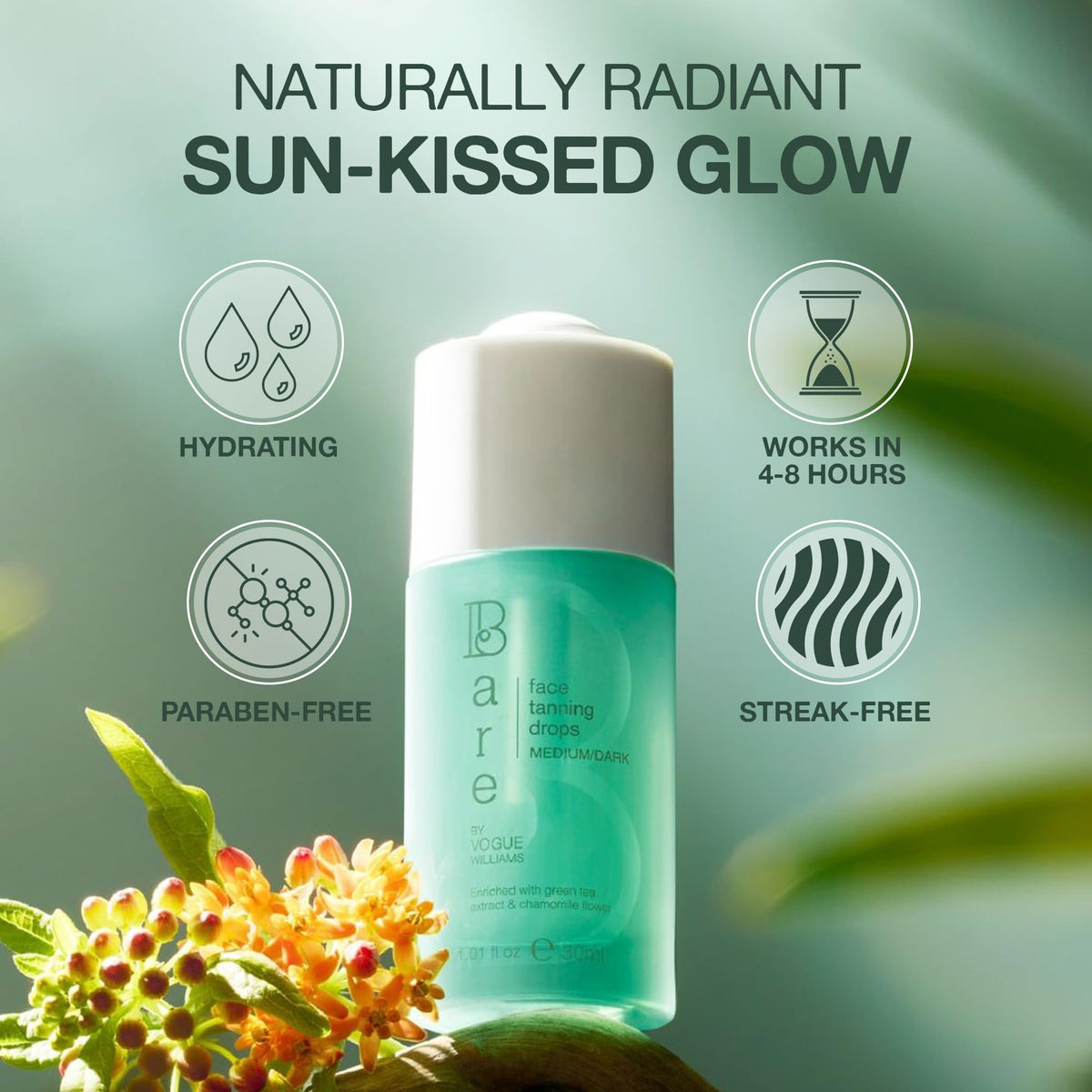 Bare by Vogue Bare By Vogue Face Tanning Drops - Medium/Dark, Customisable Sun-Kissed Glow - Infused with Green Tea, Chamomile, and Pomegranate Extract - For Smooth, Hydrating & Radiant Skin (30ml)