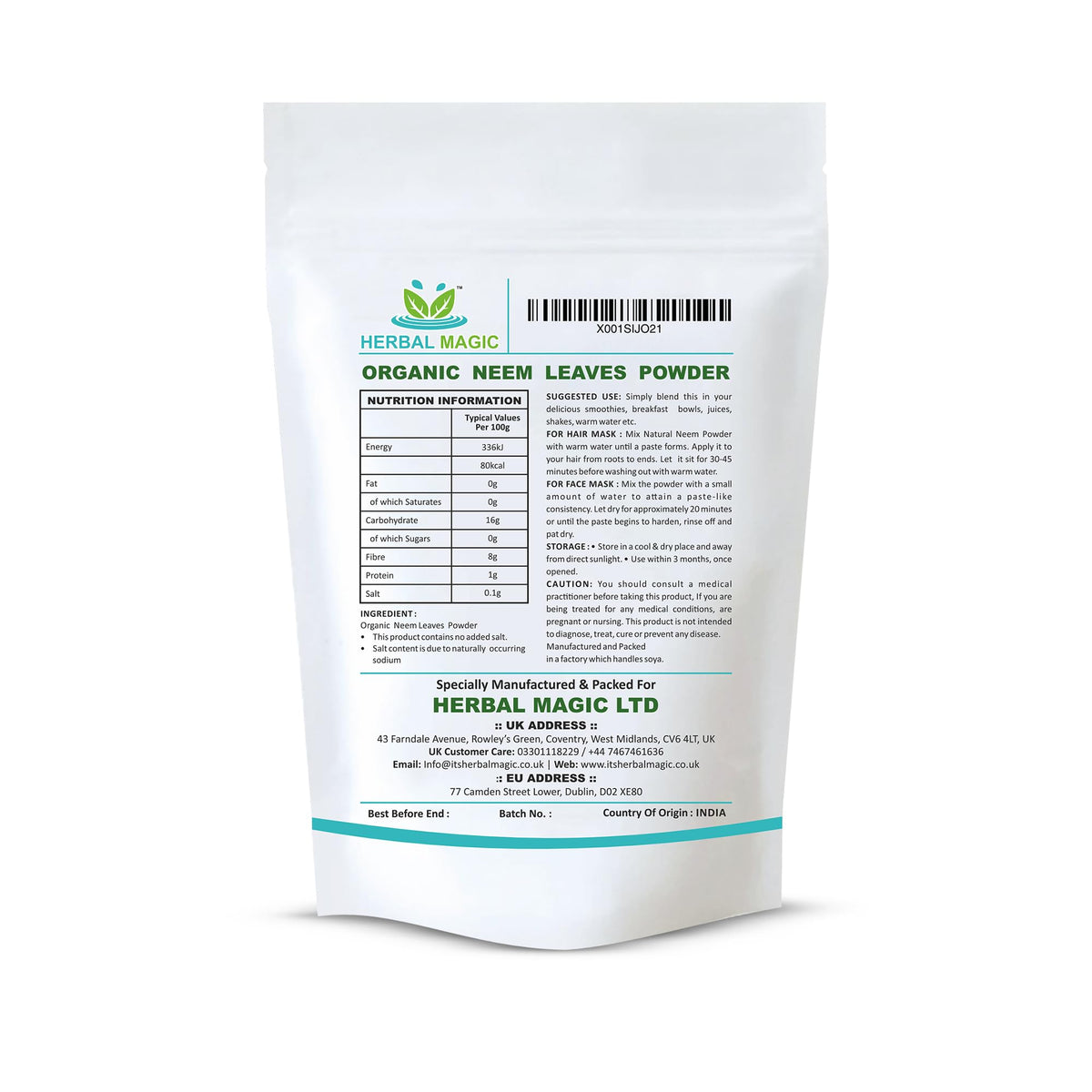 Herbal Magic's Organic Neem Leaves Powder Face Mask - Sparkle your smoothies, shakes, baking - Free from Fillers & Presrevatives -100g - Pack 1