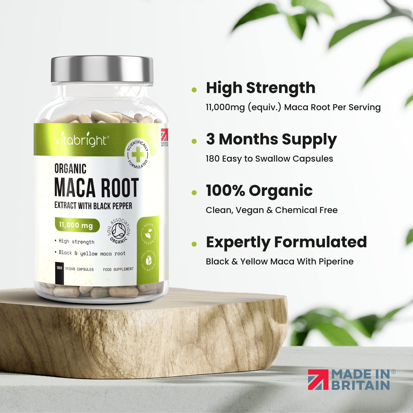 Organic Maca Root Capsules - 11000mg High Strength - 180 Capsules (3 Month Supply) - Premium Quality Black and Yellow Maca Extract - Black Pepper to Boost Absorption - Made in UK by VitaBright