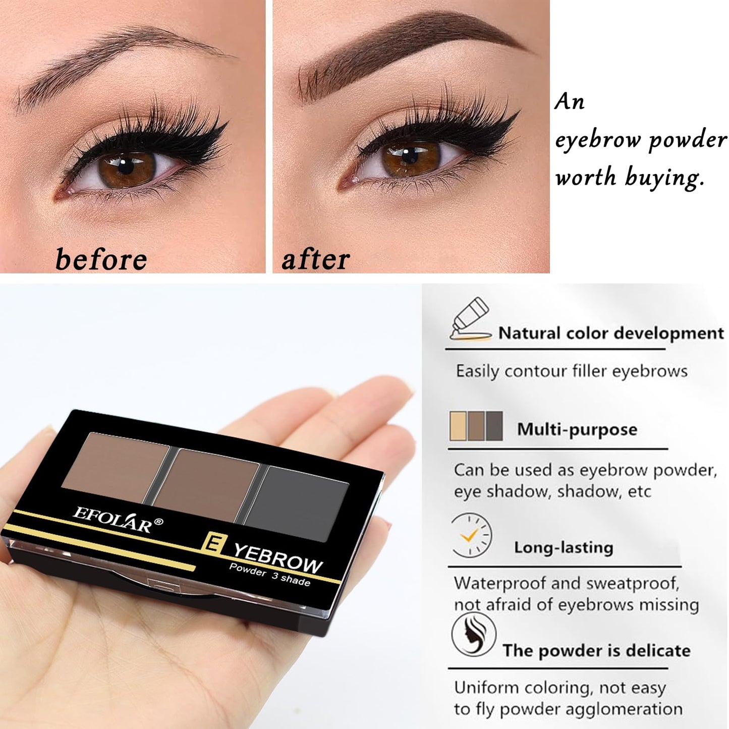 EONFAVE Eyebrow Powder - Three-Color Eyebrow Palette- Eyebrow Pomade - Easy to Apply Eye Makeup kit - Waterproof, sweat-proof, no blooming Long Lasting - Naturally-Looking Brows All Day