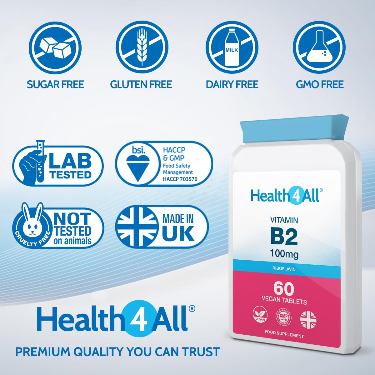 Health4All Vitamin B2 Riboflavin 100mg 60 Tablets - Energy, Stress and Migraine Support, Contributes to Reduction of Tiredness & Fatigue, Vegan, Gluten-Free VitB2 Supplement | Made in UK
