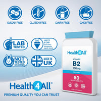 Health4All Vitamin B2 Riboflavin 100mg 60 Tablets - Energy, Stress and Migraine Support, Contributes to Reduction of Tiredness & Fatigue, Vegan, Gluten-Free VitB2 Supplement | Made in UK