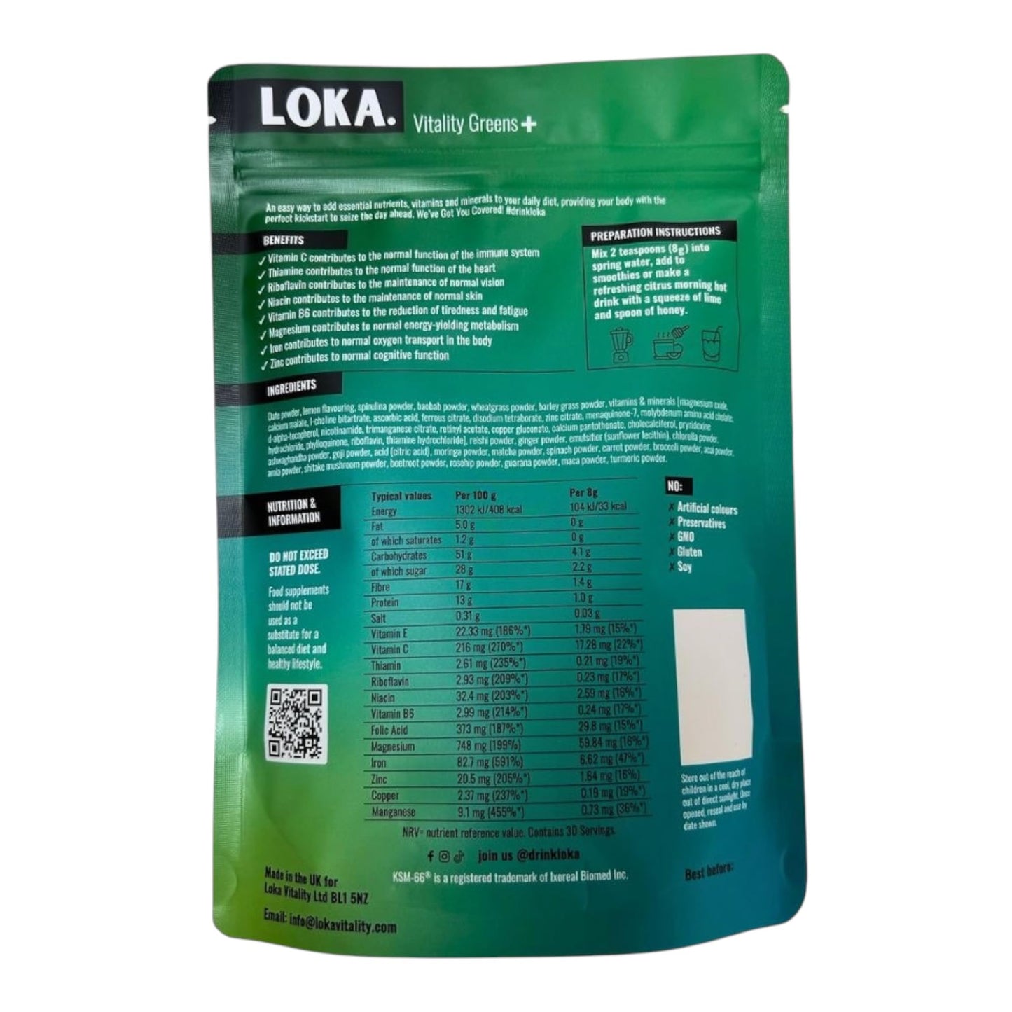 LOKA. LOKA Vitality Greens+| Super Greens Powder | Includes Plants, Ashwagandha, Reishi Mushroom, Maca Root, Vitamins/Minerals, Vegan & Gluten Free. 240g, 30 Servings