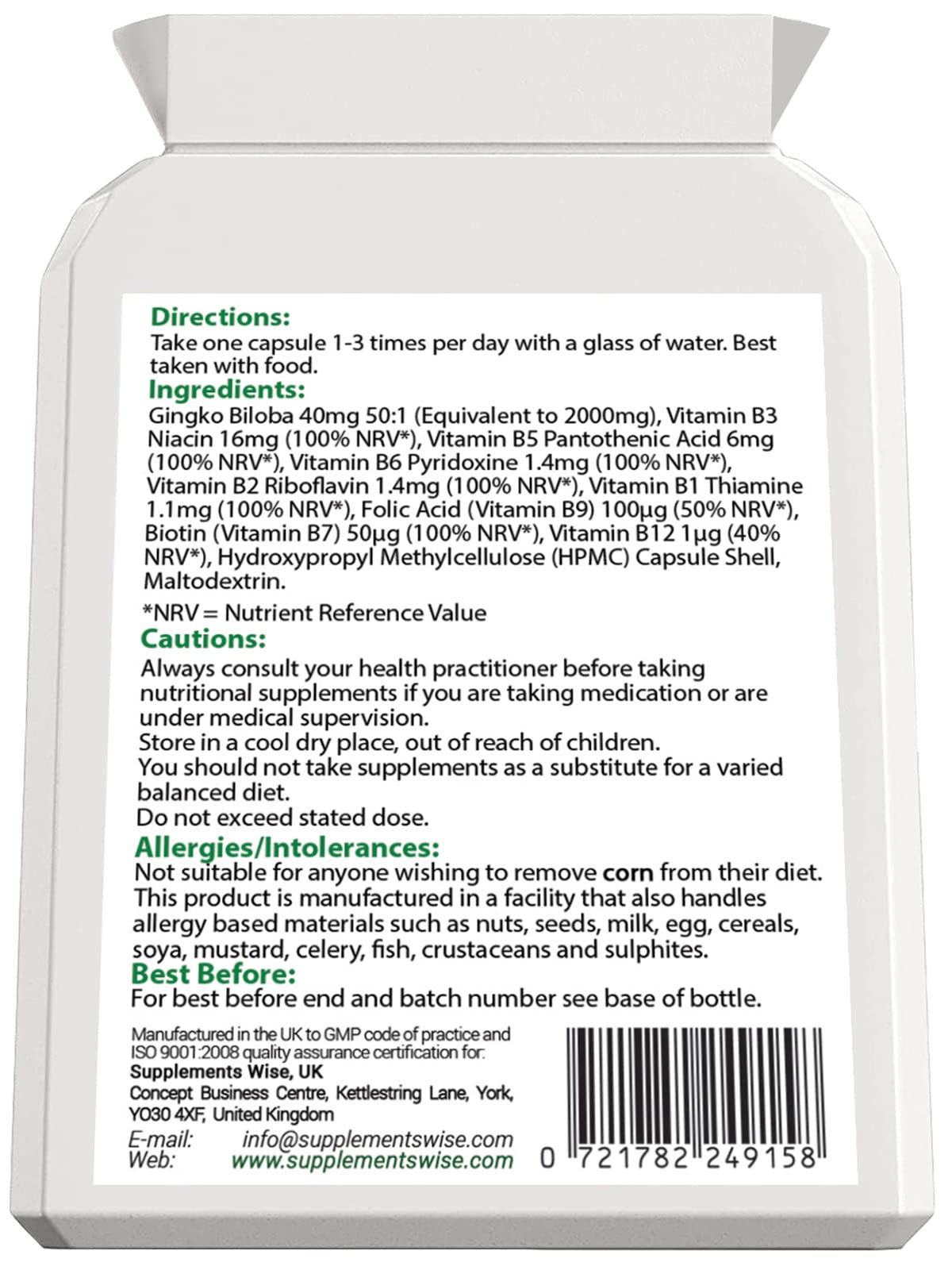 Supplements Wise Ginkgo Biloba Capsules 90 x 2000mg - Dizziness and Vertigo Treatment - Focus Tablets, Concentration Pills for Brain, Memory - Blood Circulation -Ginkgo Biloba Herbal Supplements with Vitamin B Complex