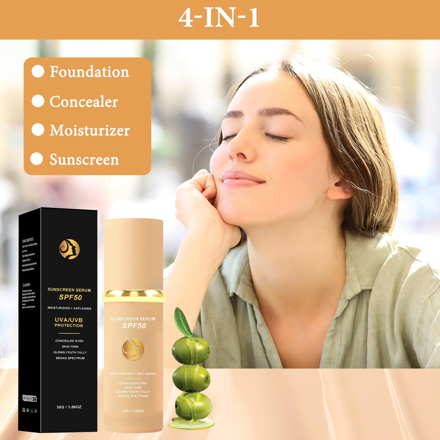 4 in 1 Moisturizing Full Coverage Liquid Foundation Sunscreen Serum Spf 50 Foundation Biomimic Foundation Concealer,Moisturizer,Sunscreen Serum Uniform Skin Tone Stay up to 24h