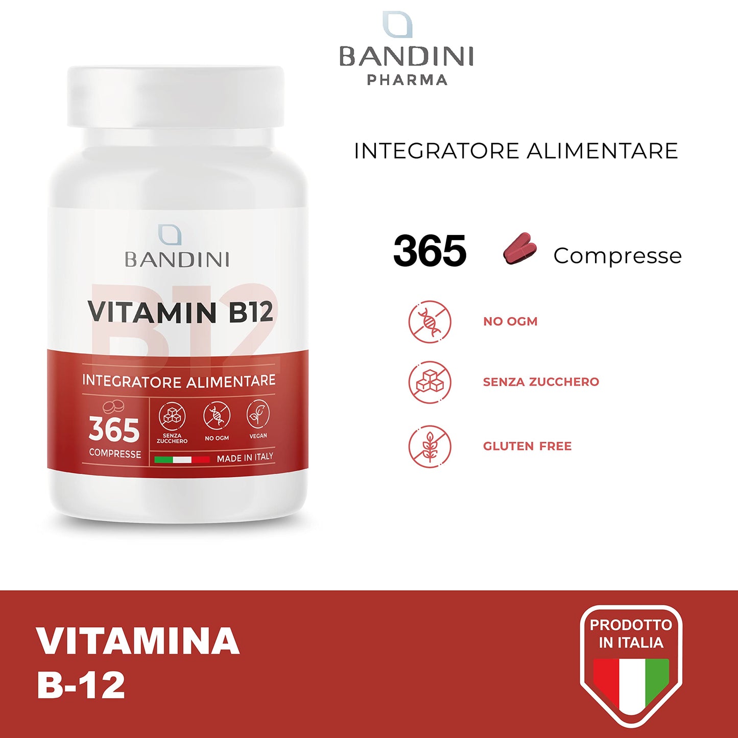 BANDINI Bandini® Vitamin B12 365 Vegan (1 Year Coverage) - Methylcobalamin 1000 µg - 100% Vegan Tablets - VIT B 12 Supplement - Energy Metabolism, Physical and Mental Tiredness