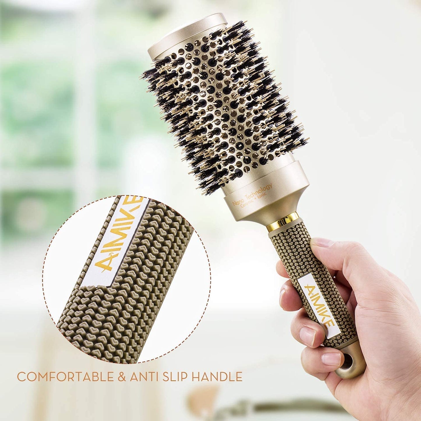AIMIKE Round Brush, Nano Thermal Ceramic & Ionic Tech Hair Brush, Round Barrel Brush with Boar Bristles, Enhance Texture for Hair Drying, Styling, Curling and Shine (Barrel 2.1 inch) + 4 Free Clips by Aimike