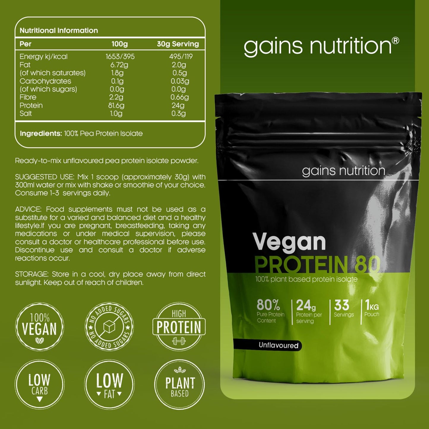 Gains Nutrition GN Vegan Protein 80 Protein Powder | 1KG Unflavoured Pea Protein Powder - Plant Based Protein Powder | 24g Vegan Protein per Serving | Non-GMO, Gluten & Dairy Free