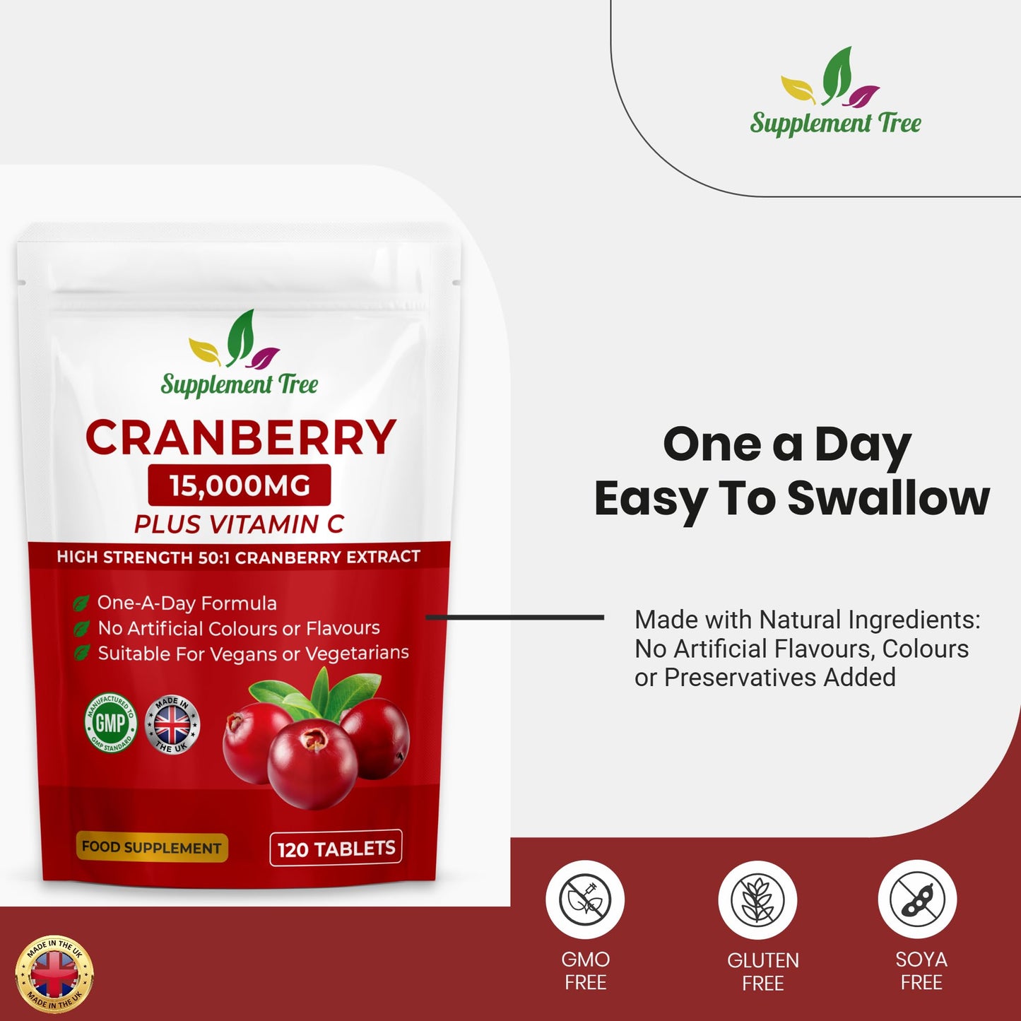 Supplement Tree Triple Strength Cranberry Tablets 15,000mg | 120 Vegan Tablets with VIT C | High Strength Cranberry Extract Tablet for Men & Women | Cranberry Pills Supplement | UK Manufactured
