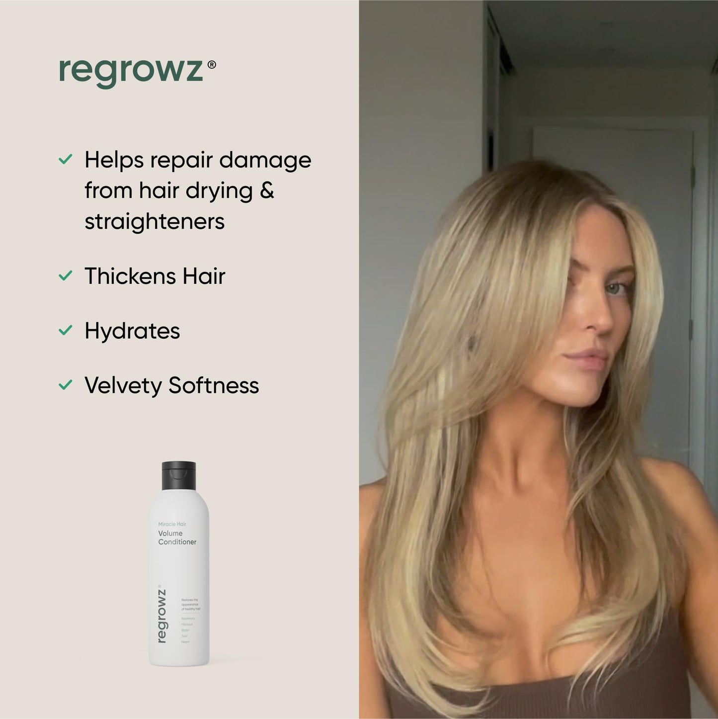 Regrowz Hair Volume Conditioner 200ml - Fine & Thinning Hair - Restore Stronger & Healthier Hair - Suitable for Men and Women - Anti Hair Loss with Biotin - Hair Growth Repair Treatment