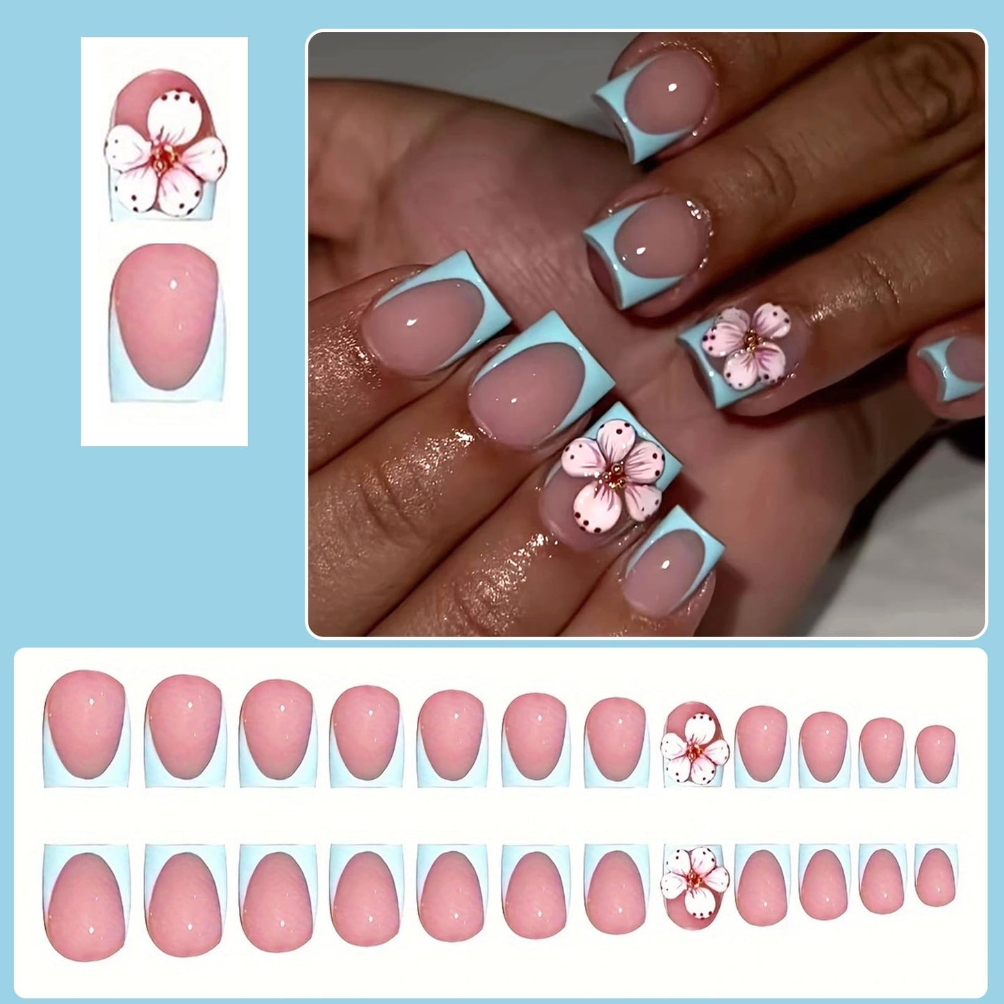 Viugex 24Pcs Blue French Tip Press on Nails, Acrylic False Nails Short Square Glossy Fake Nail Kit, Natural Glue on Nail with 3D Flowers, Reusable Gel Stick on Nails for Women Girls Manicure Art