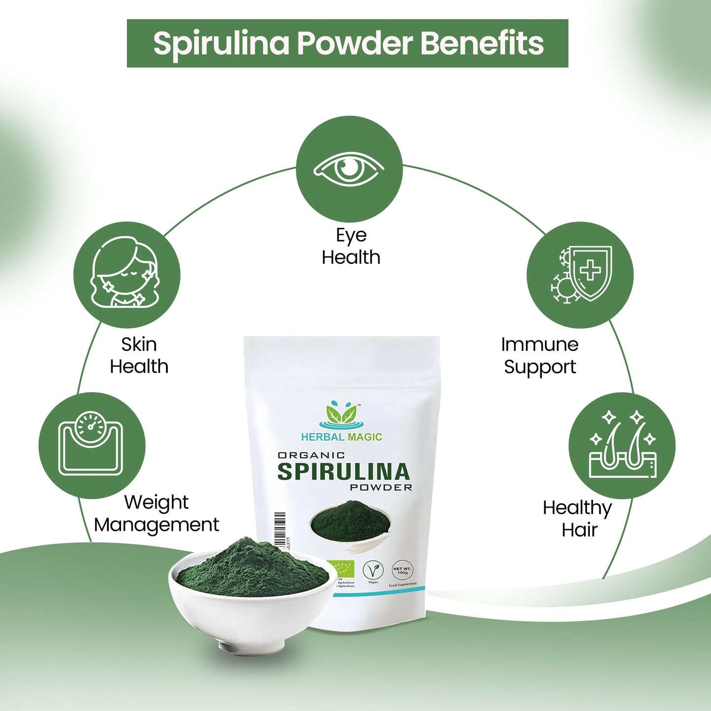 Herbal Magic's Organic Spirulina Powder - Sparkle Your Smoothies, Shakes - Ideal for Trainers on a Vegan, Vegetarian Diet - No Fillers & Preservatives - of&G UK Organic Certified-100g (Pack of 1)