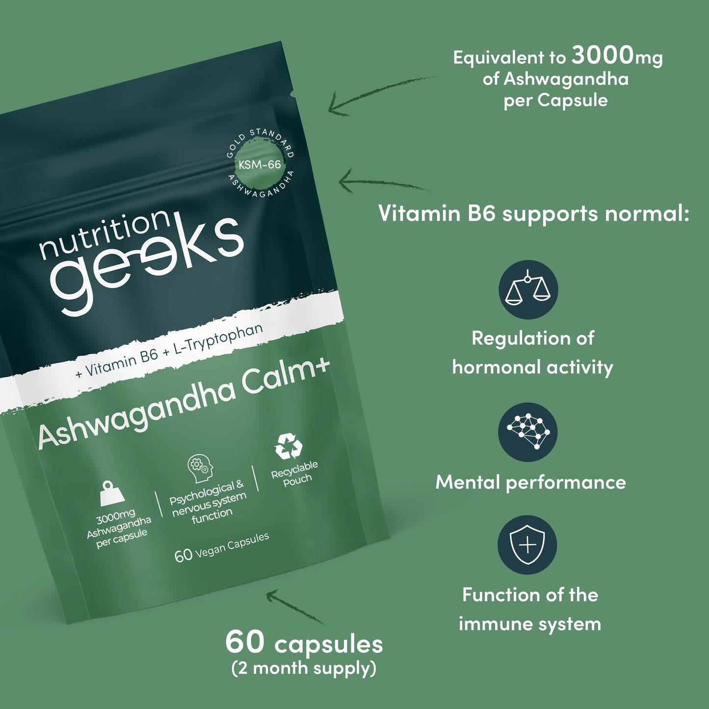 Nutrition Geeks Ashwagandha KSM 66 Complex – 3000mg Enhanced with L-Tryptophan & Vitamin B6 (2 Month Supply) – Ashwagandha High Strength Capsules with 250mg Extract (Not Gummies or Powder) - Vegan, UK Made