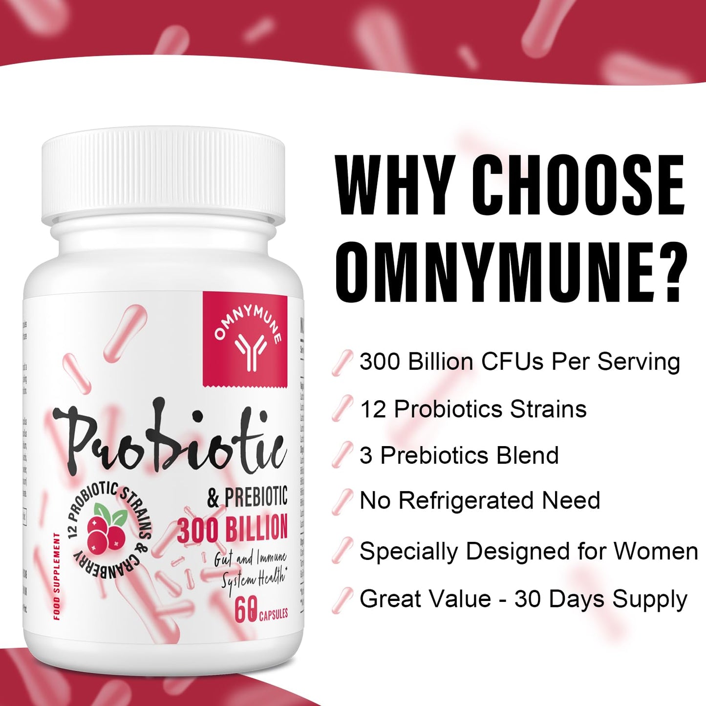 Omnymune Probiotics for Women - 300 Billion CFU, 12 Diverse Strains + Prebiotic - Women's Probiotics for Daily Digestive, Vaginal & Urinary Health, Immune Support, 60 Capsules