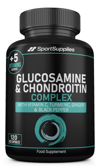 SS Sport Supplies Glucosamine and Chondroitin High Strength Plus 5 Vitamins - 120 Complex Capsules 1,000mg (Providing 530mg Base) - Chondroitin 200mg - Added Turmeric, Ginger, Black Pepper, Vitamin C, B6, B1, D3 & B12