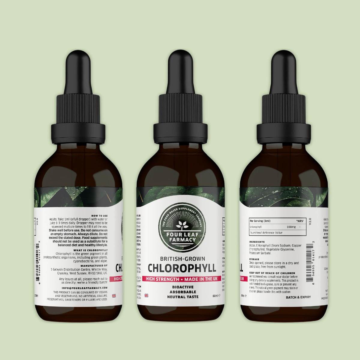Four Leaf Farmacy Liquid Chlorophyll Drops for Water - British-Grown Chlorophyll - High Strength Chlorophyll Liquid 6000mg - Made in UK - 2 Month Supply