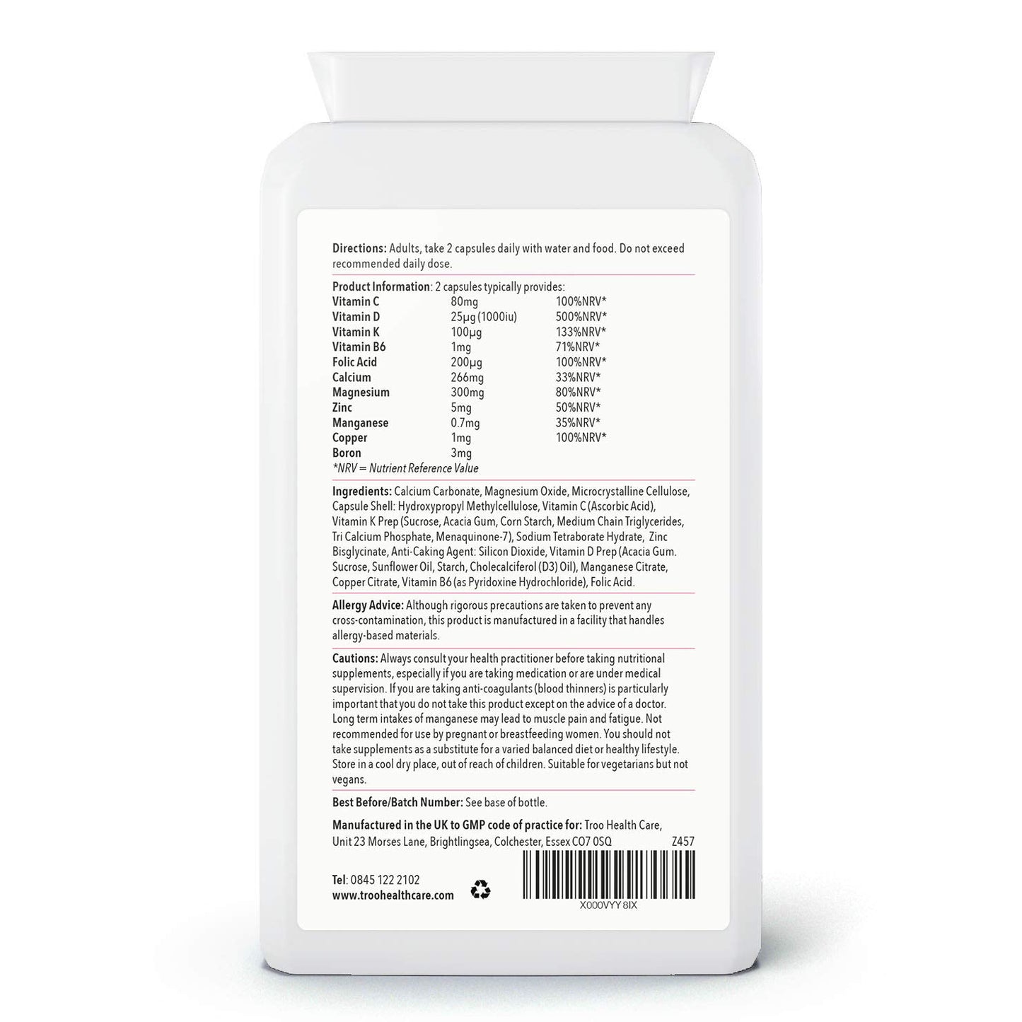 Osteotrition Bone Support Supplement 90 Capsules - Helps Maintain Bone Density and Connective Tissues – Includes Calcium , Magnesium , Vitamin K2 , Vitamin D3 , and More - UK Made