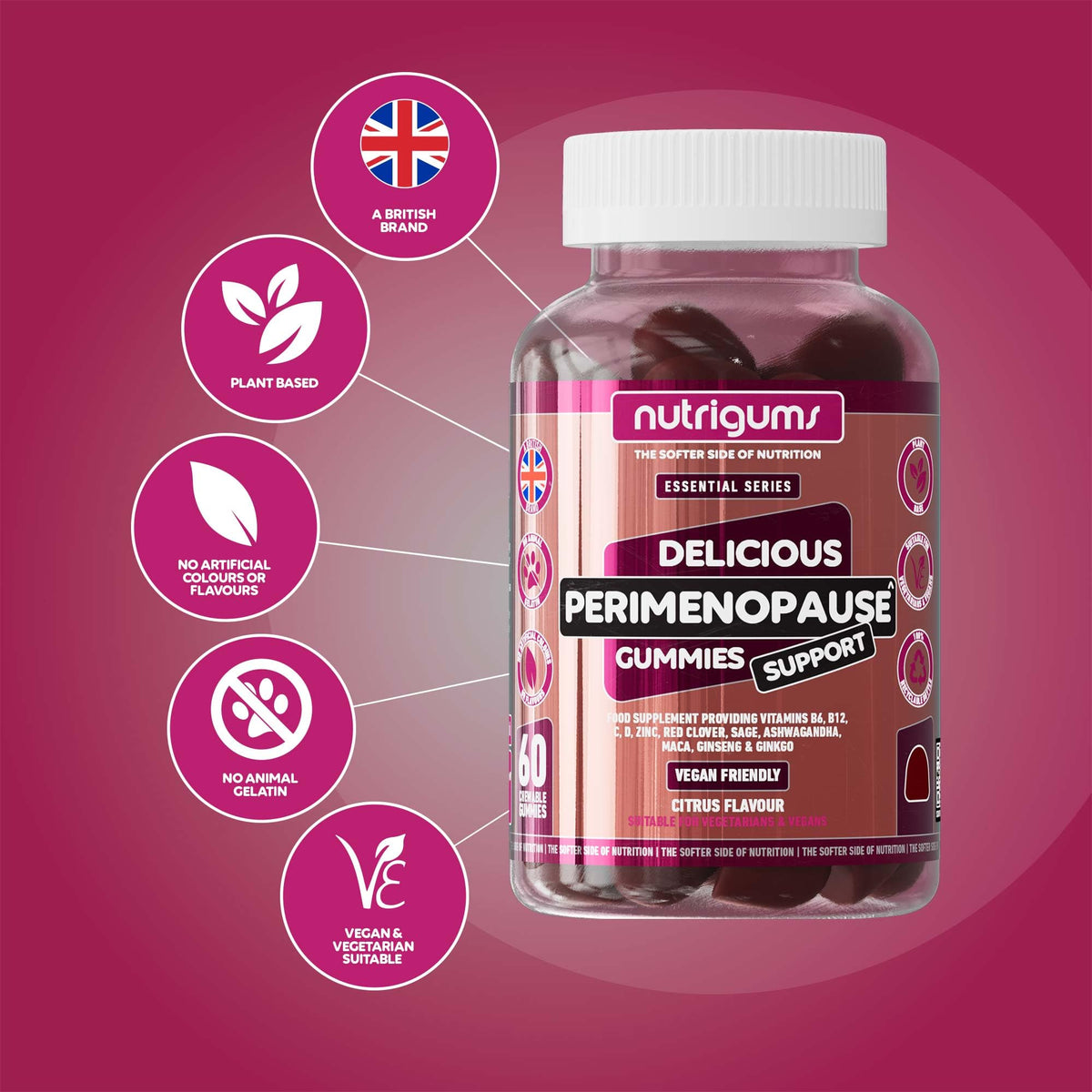 Nutrigums Perimenopause Support Gummies | 60 Vegan Hormonal Balance Supplement Gummies | Red Clover, Ashwagandha, Maca, Ginseng & Vitamins B6, B12, D & C | Energy & Mood Support | Citrus Flavour | by NUTRIGUMS®