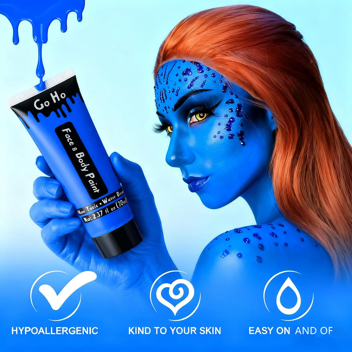 Go Ho Blue Cream Face Body Paint(2.37oz,70ml),Water Based Face Paint,Blue Makeup Face Painting for SFX Cosplay Costumes Festivals Halloween Makeup