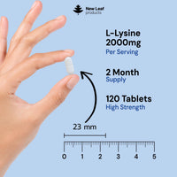 NEW LEAF PRODUCTS L-Lysine Tablets 2000mg - High Strength Lysine Nutritional Supplements - Essential Amino Acid L Lysine - 120 Vegan Lysine Tablets 2 Month Supply Made in The UK By New Leaf