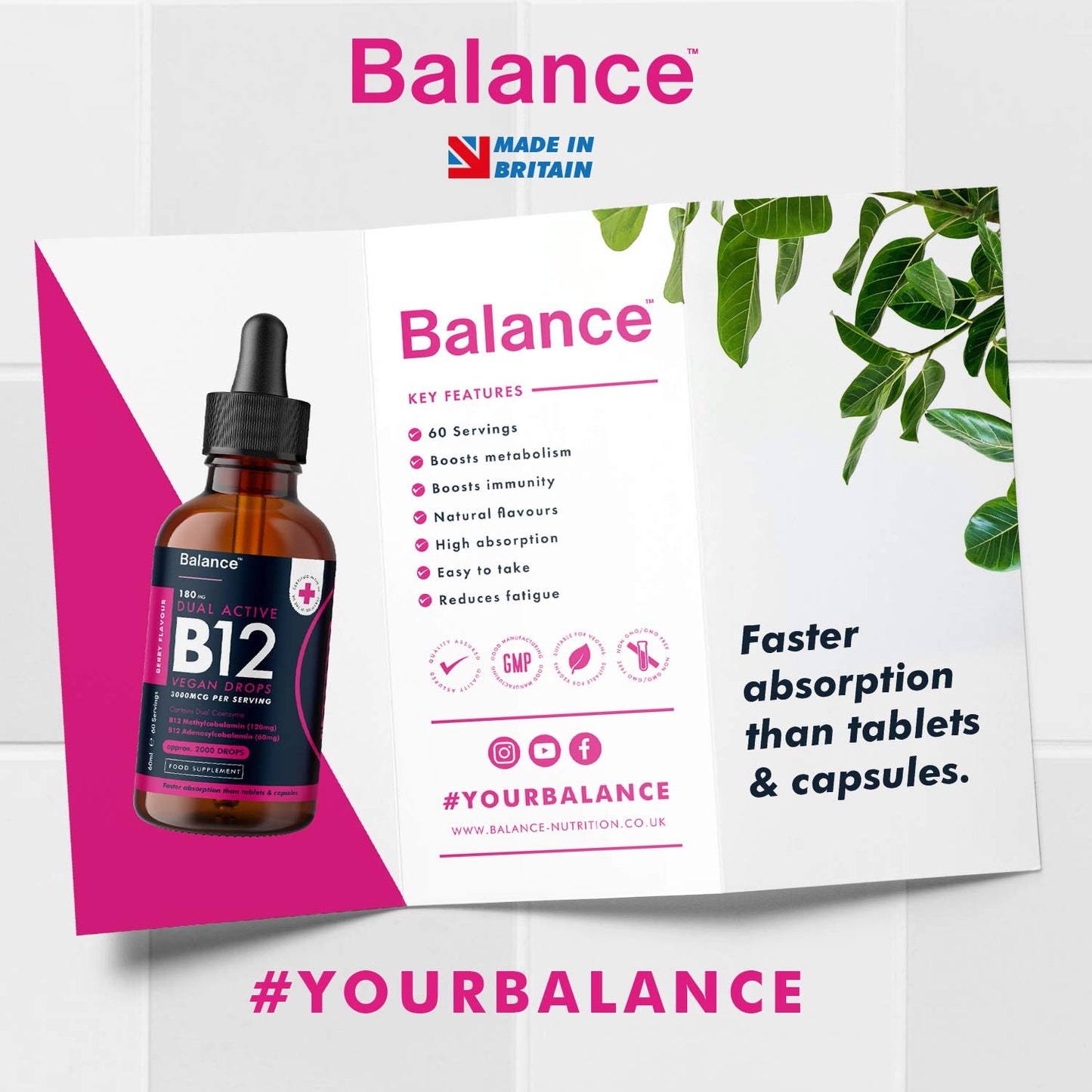 Balance Vitamin B12 Liquid Drops - High Strength 3000mcg - 60ml Dropper Bottle - Vegan Friendly - Sublingual and Dual Action for Fast Absorption - Gluten Free - Made in The UK