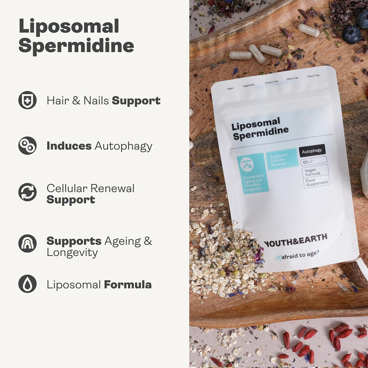 Youth & Earth Liposomal Spermidine | 60 Capsules of Spermidine Supplements for Hair Growth, Autophagy & Nail Growth