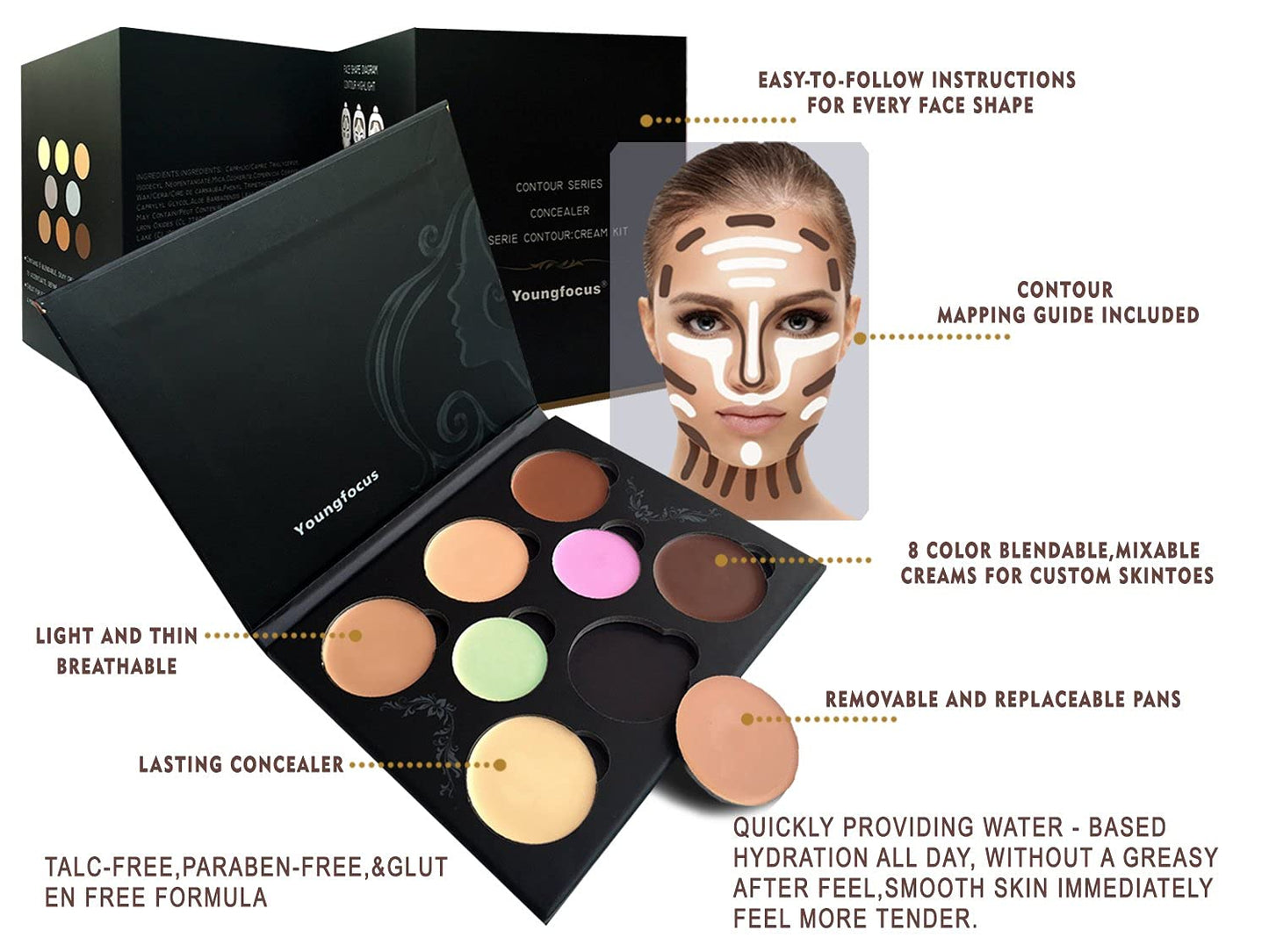 Youngfocus Cosmetics Cream Contour and Highlighting Makeup Kit - Best 8 Colors Contouring Foundation/Concealer Palette - Vegan & Cruelty Free - Step-by-Step Instructions Included