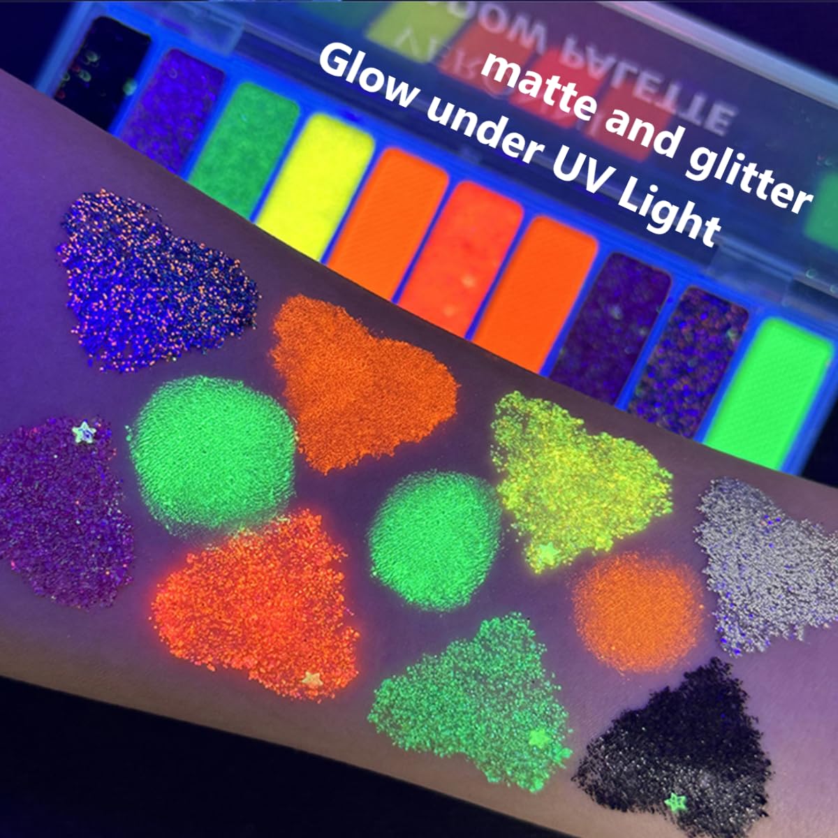 KARLOR 10 Color Fluorescent Eyeshadow, Glitter Luminous Neon UV Eyeshadow Matte Shimmer Sequins Colorful Glow Makeup Eyeshadows Palette with Brush, Neon Eye shadow Glow under UV Light