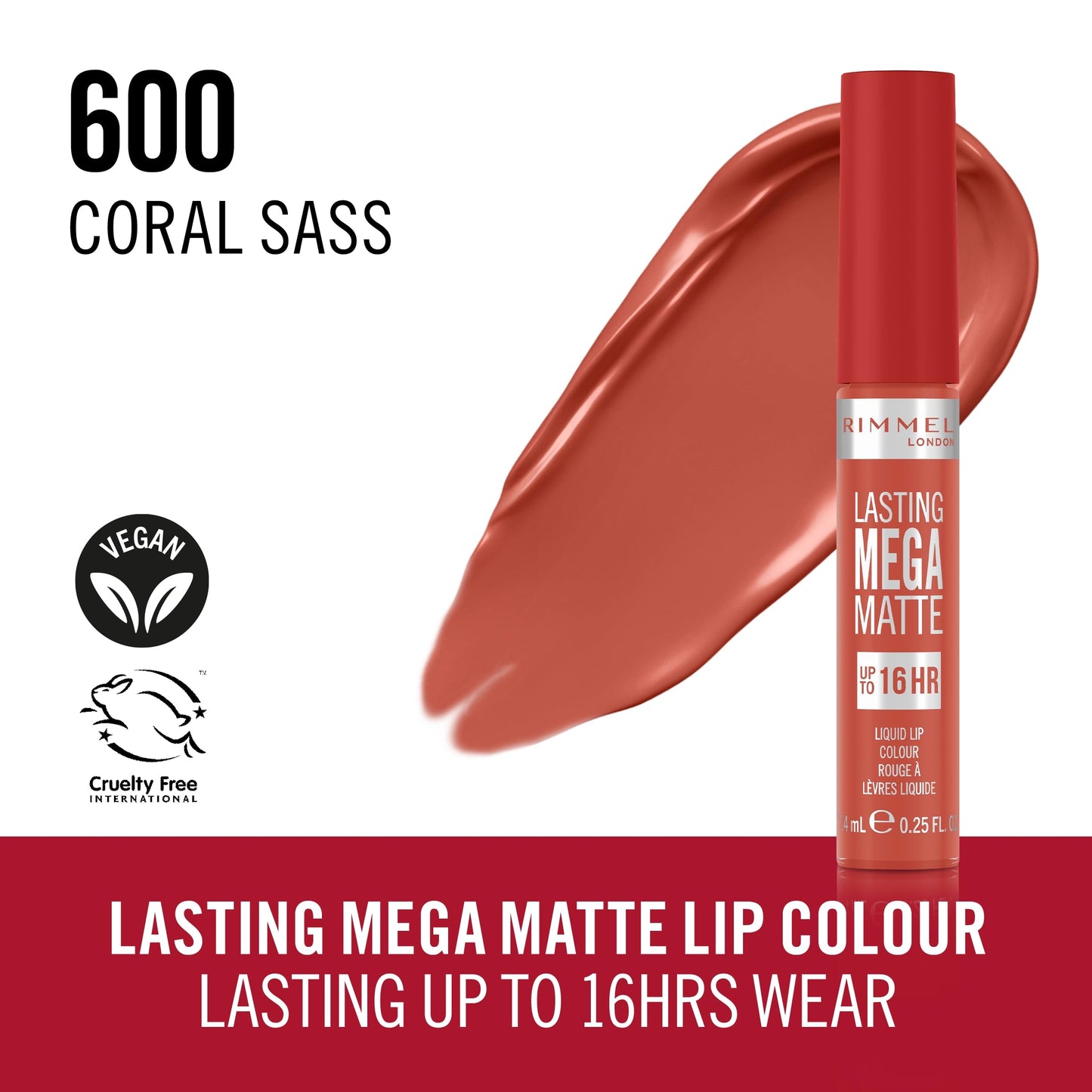 Rimmel London Lasting Mega Matte Liquid Lipstick, Long-Lasting, Hydrating, Vegan Formula - 600 - Coral Sass, 7.4ml