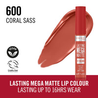 Rimmel London Lasting Mega Matte Liquid Lipstick, Long-Lasting, Hydrating, Vegan Formula - 600 - Coral Sass, 7.4ml