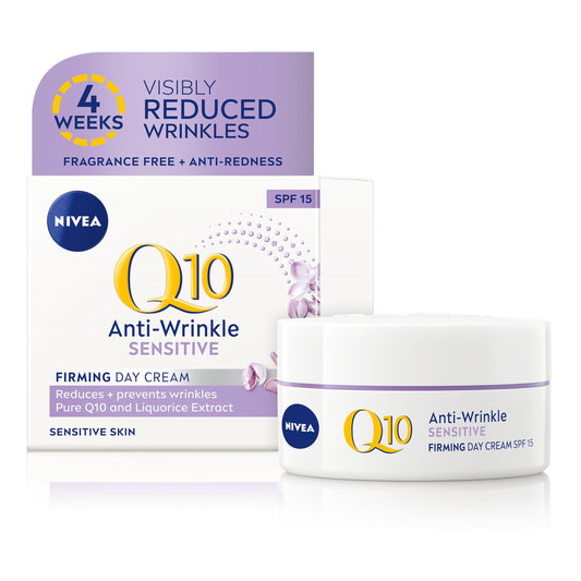 NIVEA Q10 Anti-Wrinkle Sensitive Firming Day Cream SPF 15 (50ml), Anti-Wrinkle Face Cream with Skin Identical Pure Q10 and Liquorice Extract, Sensitive Skin Face Cream