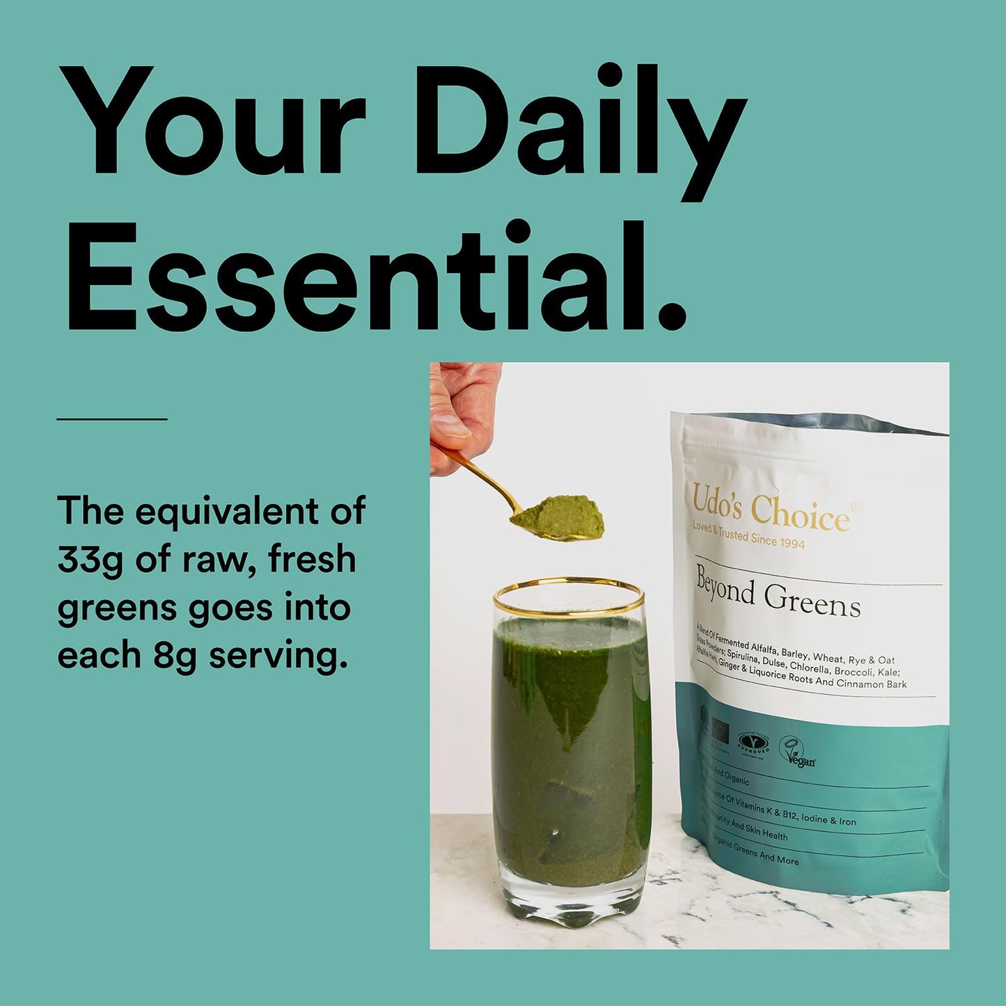 Greens Powder with Barley, Kale, Chlorella & Spirulina – Organic Vegan Superfood for Skin, Gut & Immune Health – High Fibre Detox Support – Udo's Choice Beyond Greens – 16 Servings