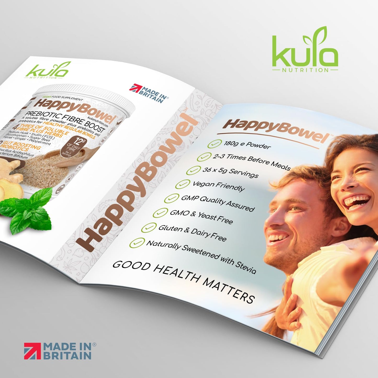 Kula Nutrition HappyBowel - Soluble Fibre Supplement - Dietary Fibre Powder - Psyllium Husk, Inulin FOS, Glucomannan, Beet, L-Glutamine, Peppermint, Prebiotics and Probiotics for Gut Health - Mix with Water - 180g