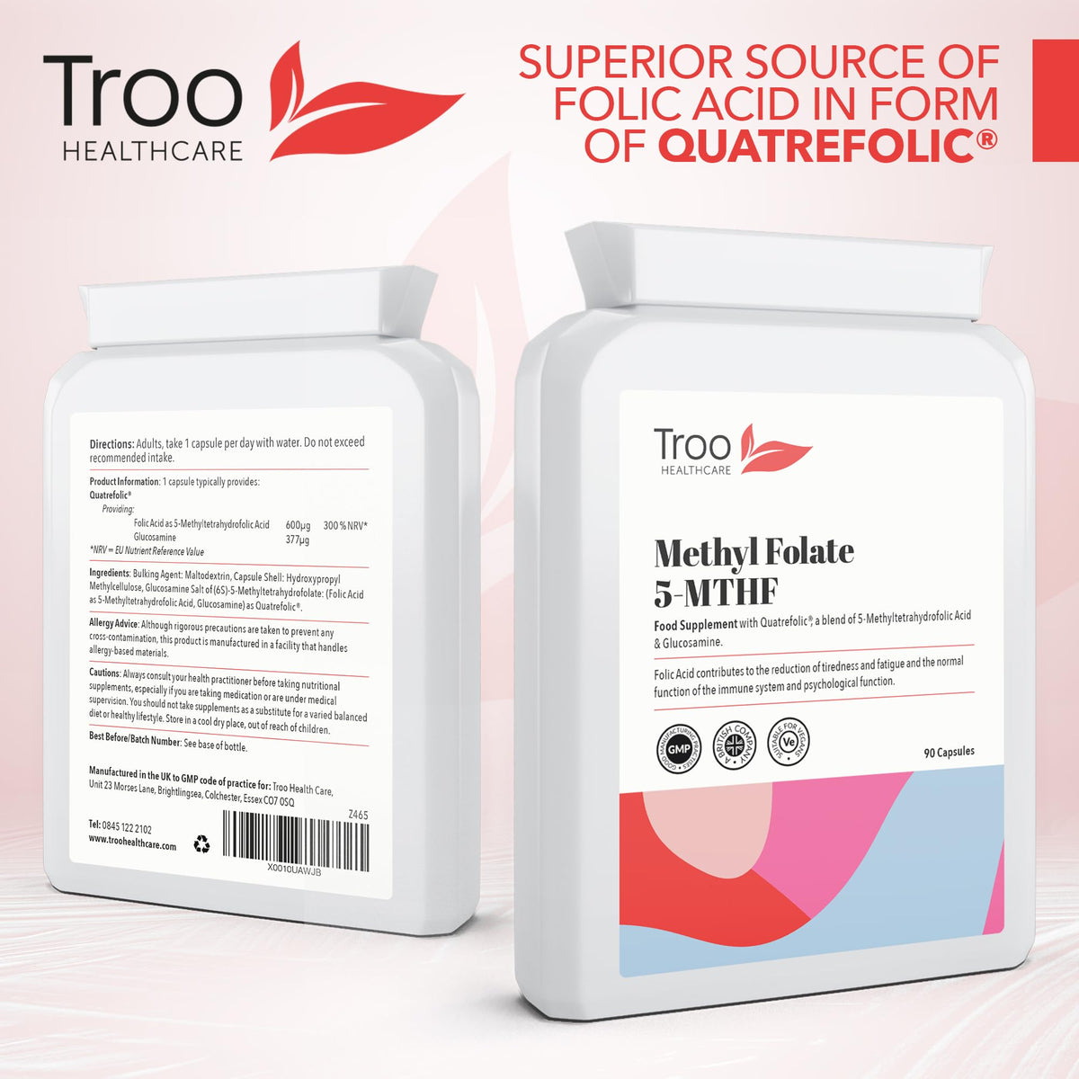 Troo Health Care Folic Acid 600µg 90 Capsules as Quatrefolic Methyl Folate 5-MTHF Supplement - 6S-5-Methyltetrahydrofolate - Superior Bioavailable Activated Folic Acid Supplement - UK Manufactured