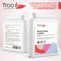 Troo Health Care Folic Acid 600µg 90 Capsules as Quatrefolic Methyl Folate 5-MTHF Supplement - 6S-5-Methyltetrahydrofolate - Superior Bioavailable Activated Folic Acid Supplement - UK Manufactured