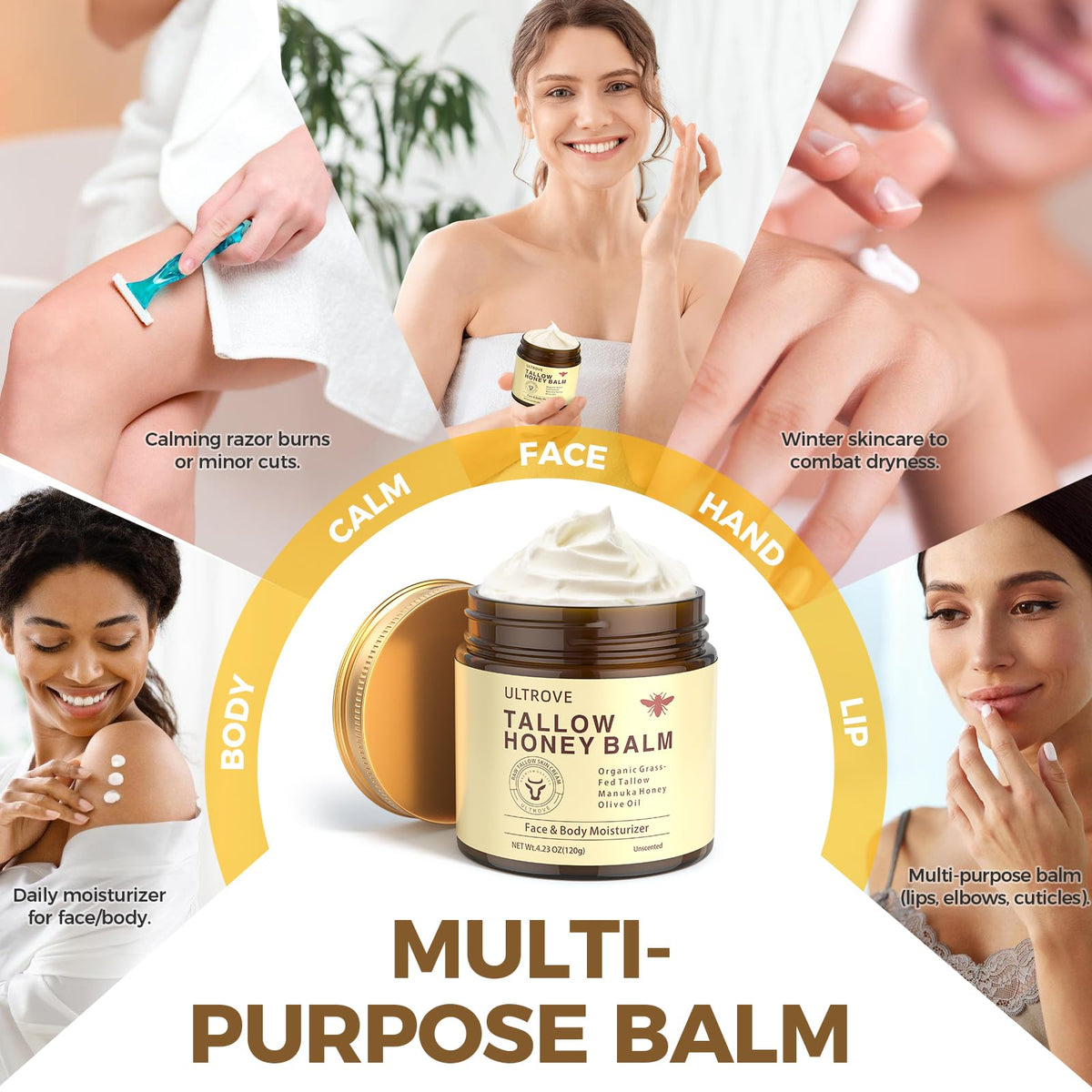 Ultrove ULTROVE Beef Tallow and Honey Balm for Skin, Natural Face + Body Moisturizer with Organic Grass-Fed Beef Tallow & Raw Wild Honey for Dry & Sensitive Skin, 4.23oz