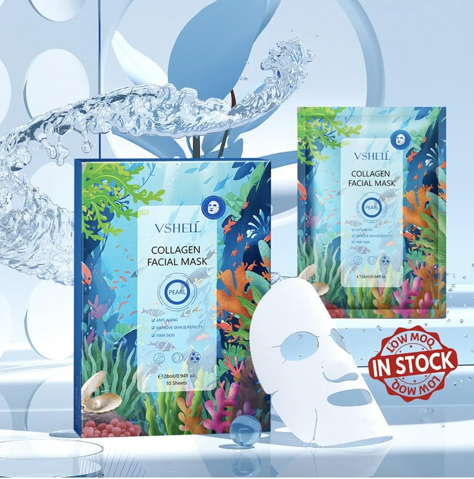 VSHELL Collagen Face Sheet Mask, Set of 10 - Hydrating Beauty Skincare with Hyaluronic Acid for Women and Men - Moisturising Anti Aging Facial Treatment - Ideal for Sensitive Skin