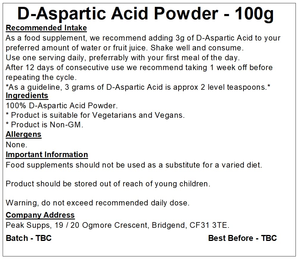Peak Supps D-Aspartic Acid Powder | Pure DAA (100g)