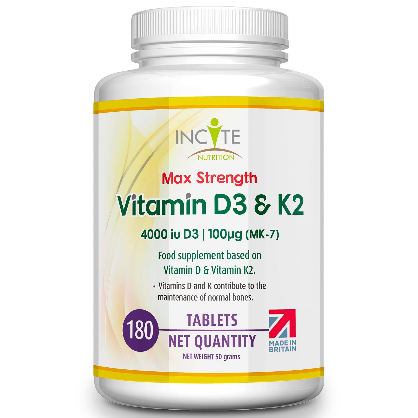Vitamin D3 K2 (MK7) 100 UG - Vitamin D3, 4000iu & Vitamin K2-180 Premium Vegetarian Tablets - 6 Month’s Supply - High Strength Quality - Made in The UK by Incite Nutrition®