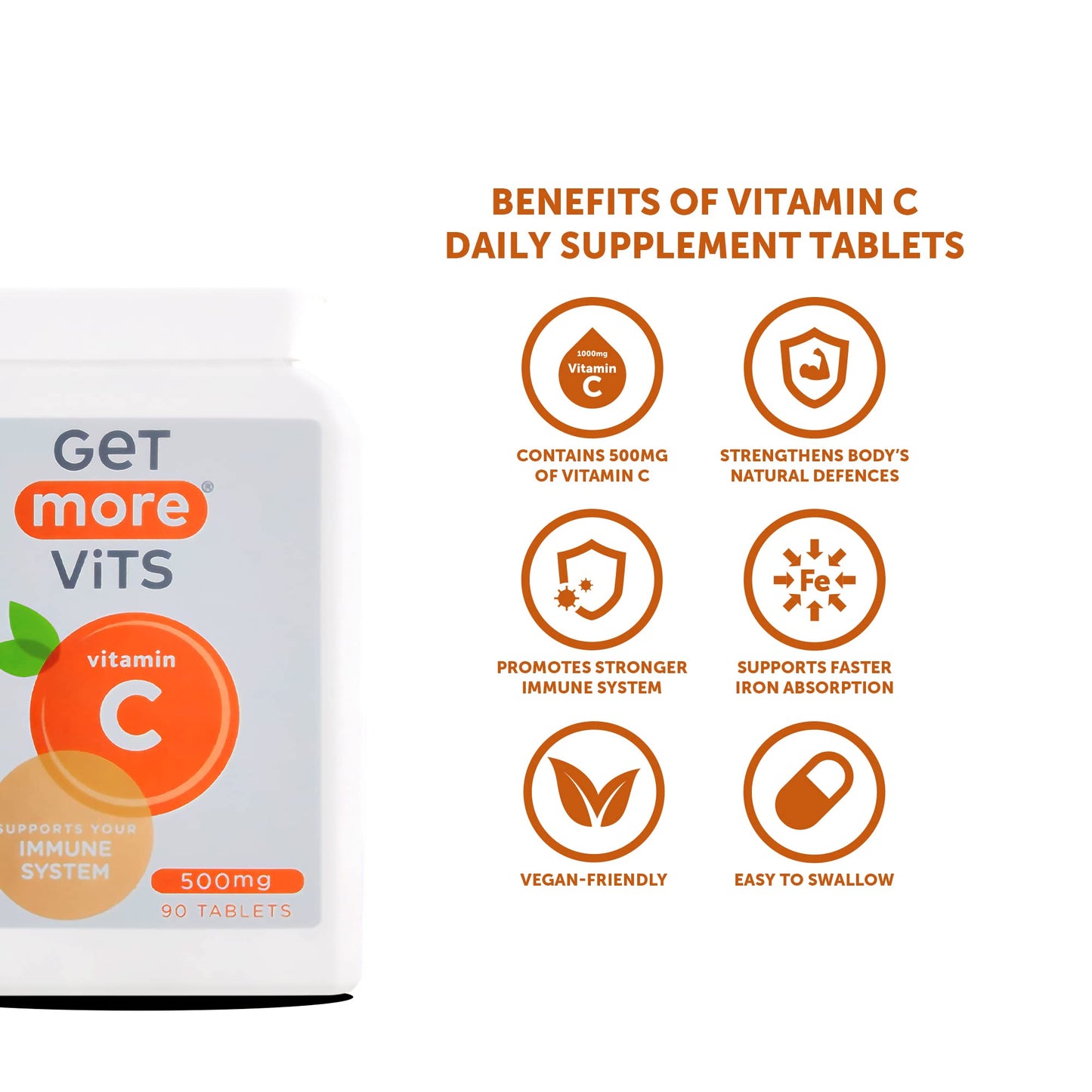 Get More Vits - Vitamin C 500mg Tablets (90 Tablets), Promotes Stronger Immune System, Strengthens Body's Natural Defences, Supports Faster Iron Absorption, Food Supplement, Vegetarian, Vegan