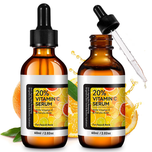 2PC Vitamin C Serum for Face Korean 20% Vit C Serum for Dark Spots, Wrinkles & Fine Lines Anti Aging, Hyaluronic Acid Powerful Collagen Boosting & Skin Brightening Facial Serum Skin Care Women/Men