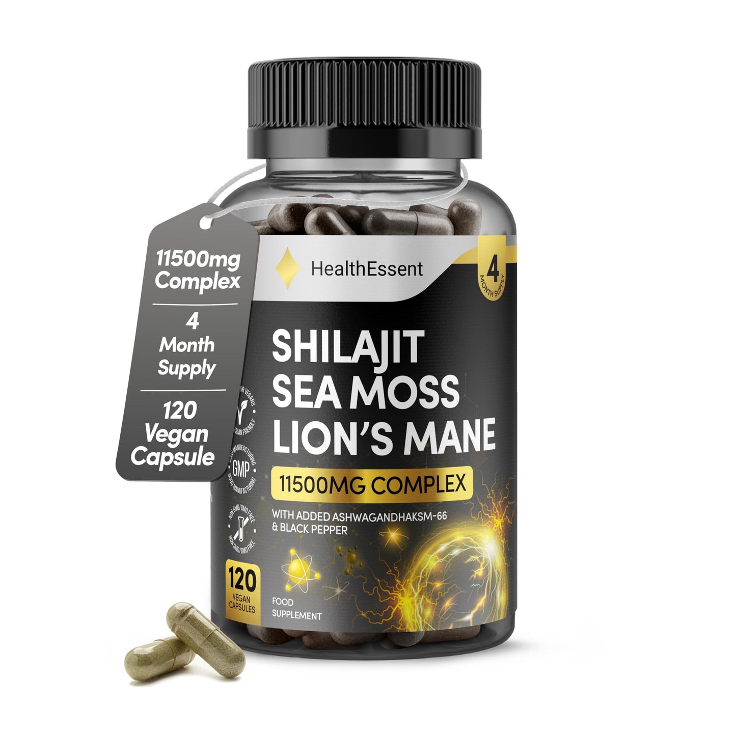 HealthEssent Shilajit Seamoss and Lions Mane Capsules, 11500mg 3-in-1 Brain & Focus Supplement with Ashwagandha & Black Pepper, High Strength Lions Mane Shilajit Blend for Energy & Immunity,120 Vegan Capsules