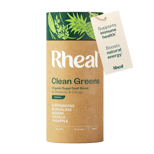 Rheal Clean Greens 150 g, Organic Superfood Greens Powder for Daily Energy & Immunity Support – Certified Organic with Spirulina, Moringa & Wheatgrass – Vegan – 30 Servings, Original