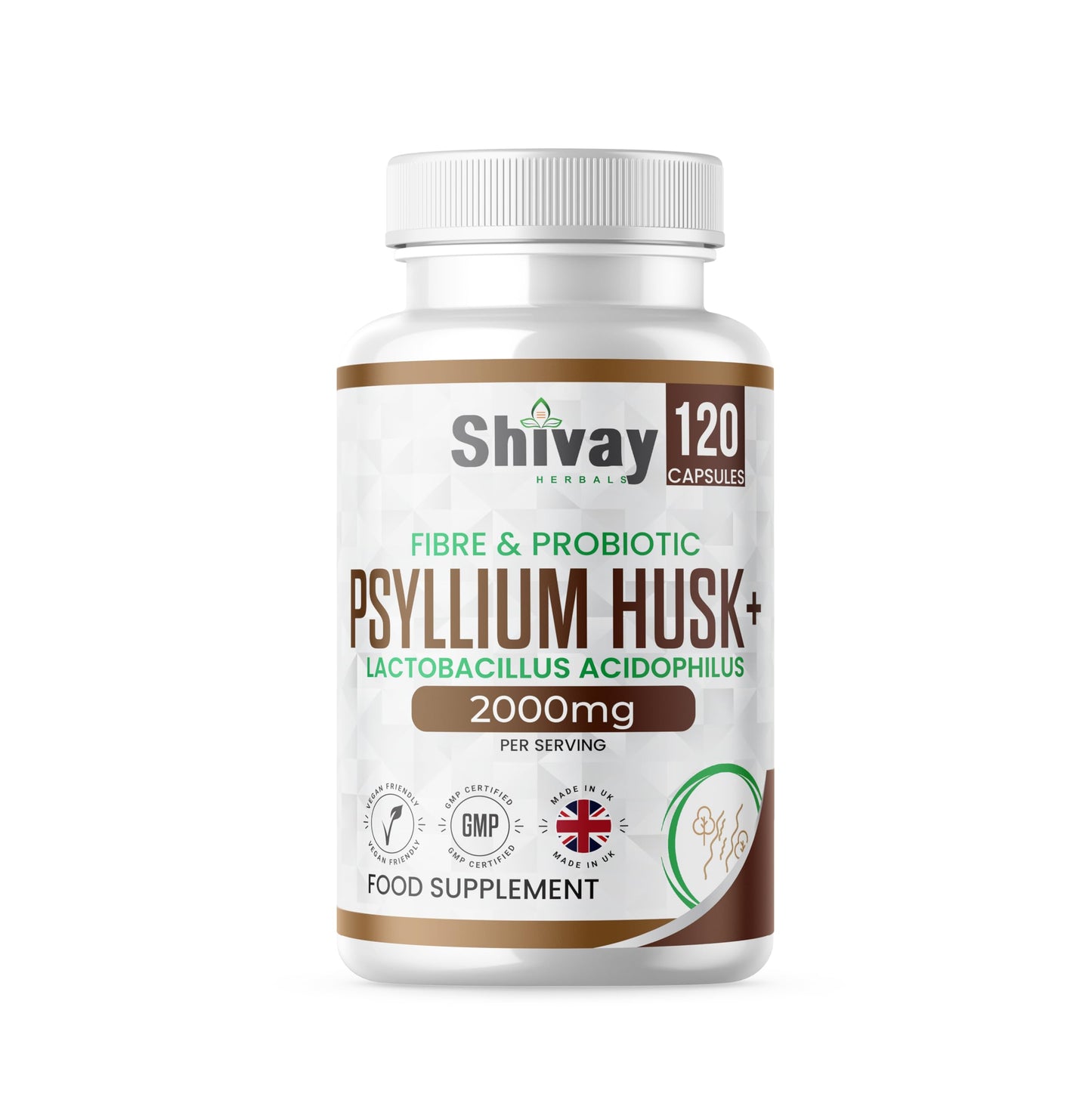 Psyllium Husk 2000mg + 200 Mcfu Lactobacillus Acidophilus Per Serving | Probiotics & Natural Soluble Fiber Supplement | 120 Vegan Capsules - 2 Month Supply | Made in The UK by Shivay Herbals