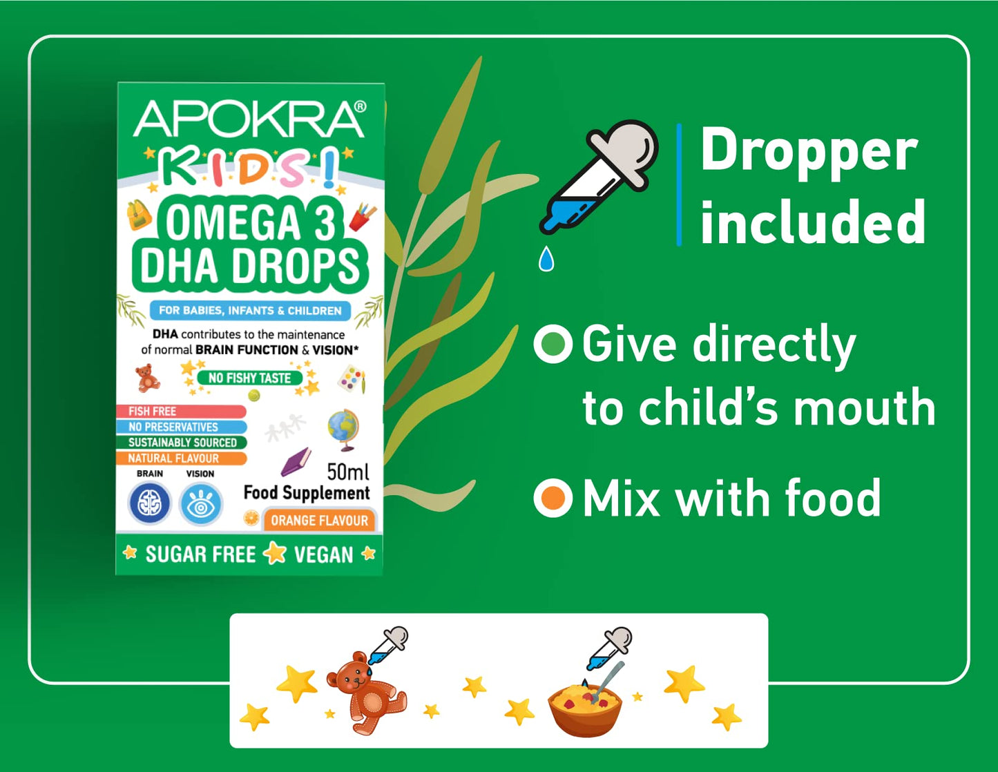 Omega 3 Vegan DHA Drops for Kids - 50mL - No Fishy Taste - Preservative Free and Sugar Free. Sustainable Algal Alternative to Fish Oil | APOKRA Kids