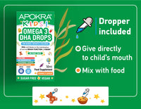 Omega 3 Vegan DHA Drops for Kids - 50mL - No Fishy Taste - Preservative Free and Sugar Free. Sustainable Algal Alternative to Fish Oil | APOKRA Kids