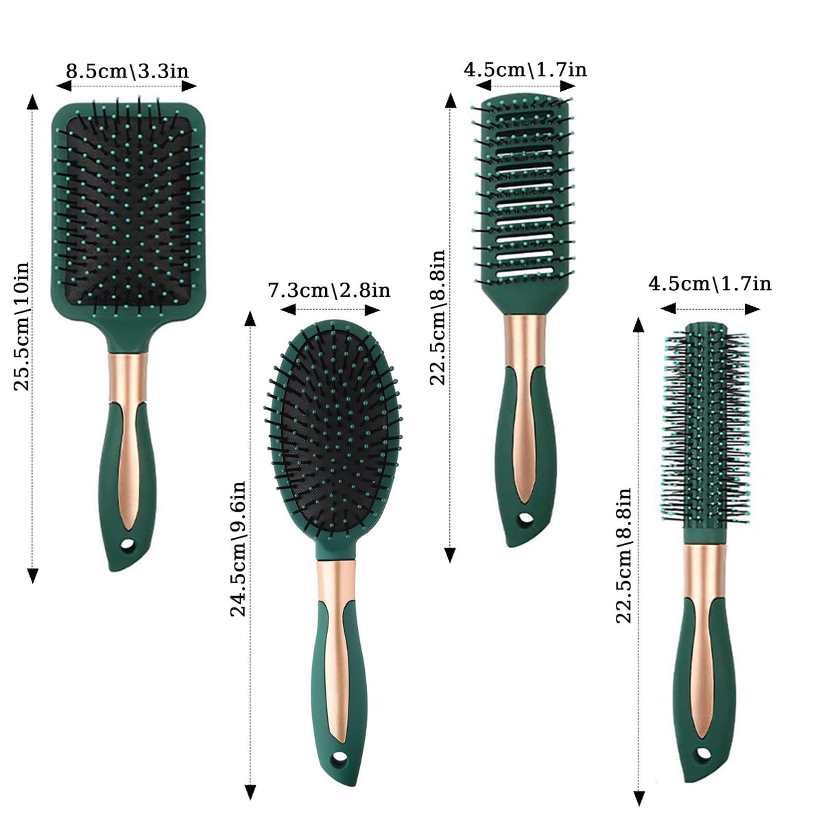 Hair Brush Set ，DDUP 4 PACK Anti Static Massage Oval Comb Round Vent Hair Brush，Detangling Brush ，Paddle Brush for Women Men （Green）