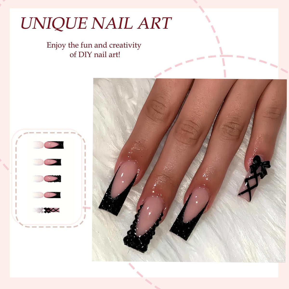 Generic 24PCS Black French Square Press On Nails with Rhinestones & 3D Bow Design -Glamorous Lace-Up Look, 12 Sizes, – Elegant Reusable